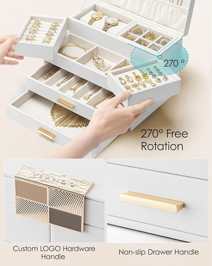 Vlando 4 Layers Jewelry Box - Women Jewelry Box with Retractable Tray - Jewelry Organizer with Drawer for Necklaces, Rings, Bracelets, Earrings, Gift for Couples Mom Girls - White