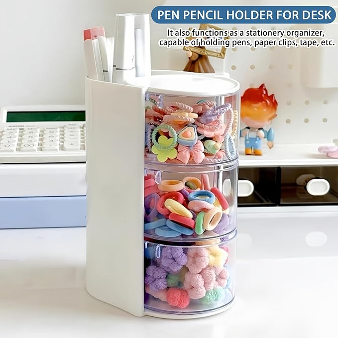 Hair Accessories Organizer with Hair Brush Holder, Rotatable Makeup Brush Holder for Necklaces, Earring, Bracelet, Ring, Makeup Brushes, Hair Clip and Hair Accessories (White, 3-Layer)