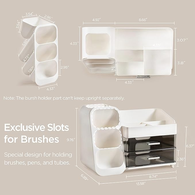 HBlife Makeup Organizer with Brush Holder for Vanity, Large Plastic Bathroom Countertop Organizer Skin Care Storage, Easy to Store Lipsticks, Nail Polishes, Perfumes, Eyeshadow Palettes, White