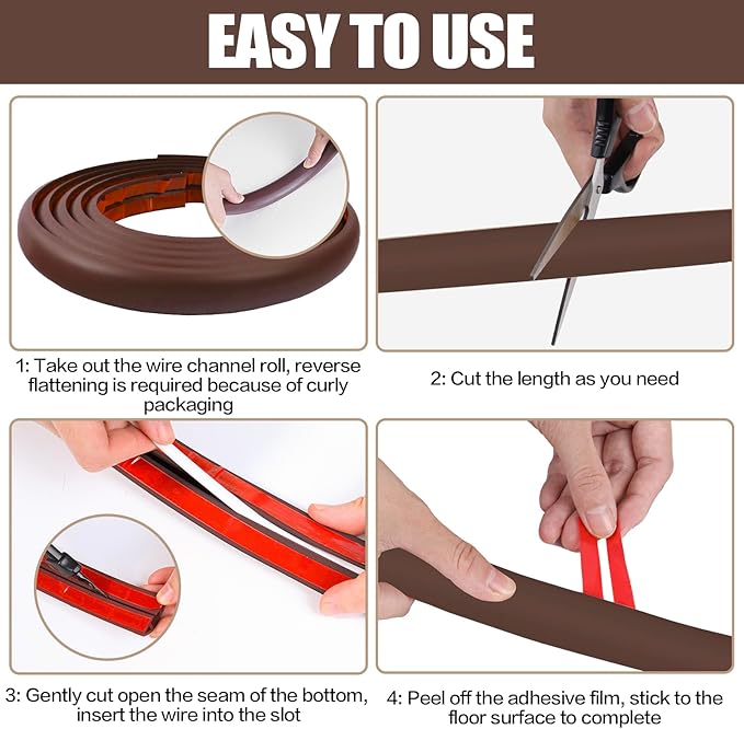 Floor Cord Cover Self Adhesive Cord Hider,3.3FT Cable Management, Extension Strip Protector for Wires, Prevent Cable Trips for Offices, Gyms, Exhibitions Cavity:0.47"(W) x 0.35"(H) Coffee