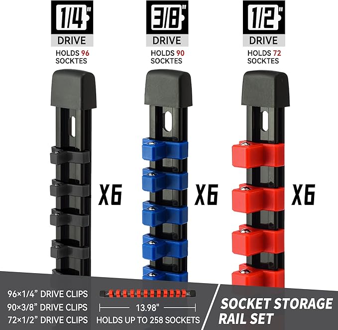 Socket Organizer Drive ABS Tools-Socket Holder, Premium Quality 18 Pieces Socket Holders Kit 1/4-Inch x 96 Clips, 3/8-Inch x 90 Clips, 1/2-Inch x 72 Clips