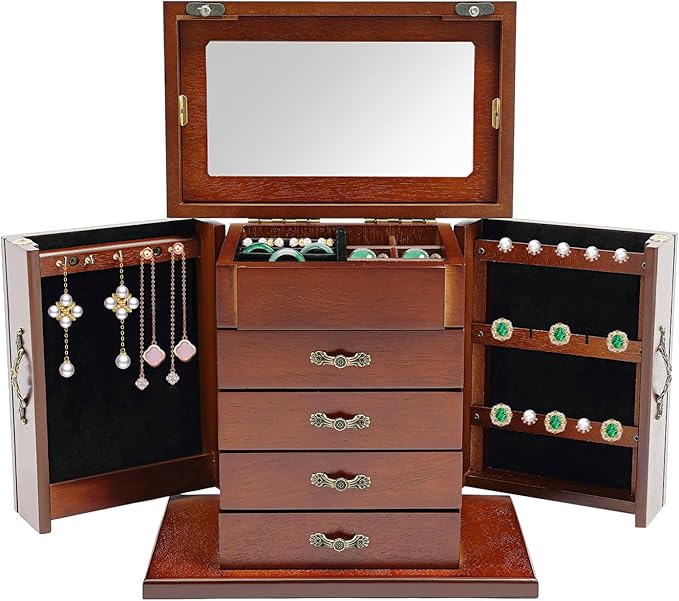 4-Drawer Wooden Jewelry Box, Wood Jewelry Organizer with 2 Side Doors and Mirror, Vintage Brown Finish Storage Case for Women Girls Gift Ready Watch Necklace Ring Earring