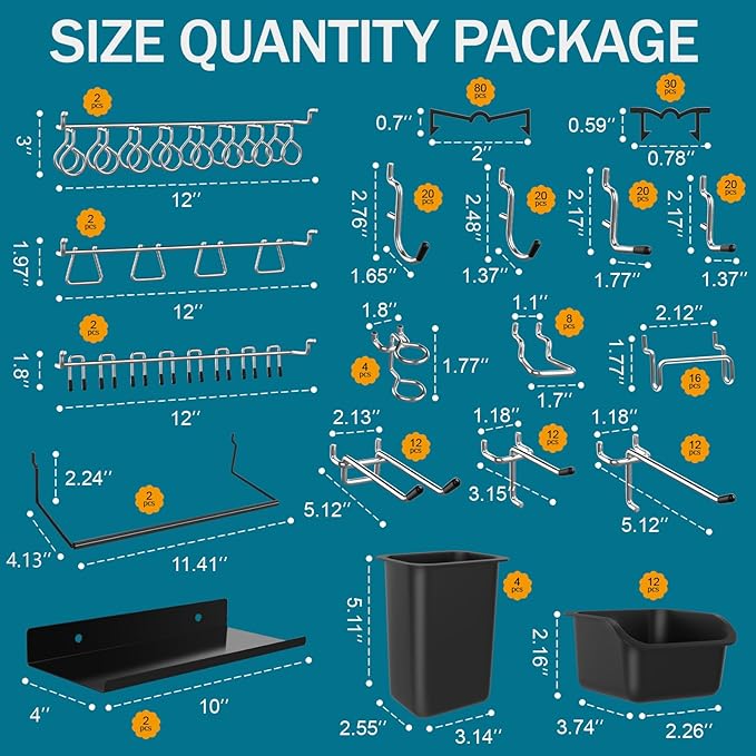 Metal Peg Board Kit with 1/4" Pegboard Accessories, 6 Pack 12"X24" Pegboard and 264PCS Extra Thick Pegboard Accessories,Wall Organizer Peg Board Panels Tool Organizer Storage System (Black)