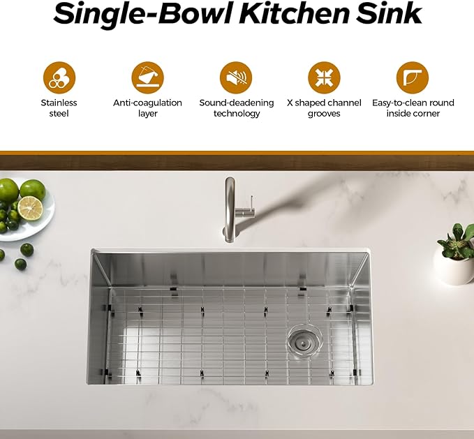 32 Inch Undermount Kitchen Sink, TECASA 18-gauge Stainless Steel Single Bowl Deep Basin Large Utility Sink with Grid and Strainer (32" x 18" x 10")