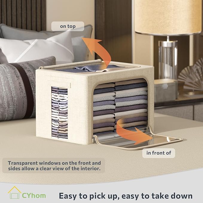 CYhom 3Pack Foldable Storage Bins - Frame Storage Box Linen Fabric Stackable Clothes Container Organizer with Clear Window & Carry Handles Large Capacity (Large-66L, Beige)