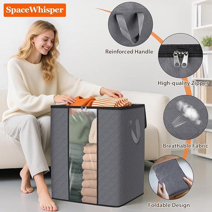 SpaceWhisper 4 Pack 100L Clothes Storage, Foldable Thick Fabric Blanket Storage Bags, Containers for Organizing Bedroom, Closet, Clothing, Comforter,Closet Organization with Handle,Grey