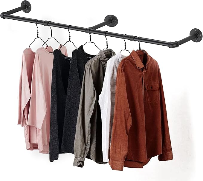 Clothes Hanger Pole Wall Mount, 72" Heavy Duty Detachable Black Iron Garment Bar Hanging Rod Holder, Clothes Rail Shelf Wardrobe Organizer for Laundry Room & Closet Storage, 3 Base