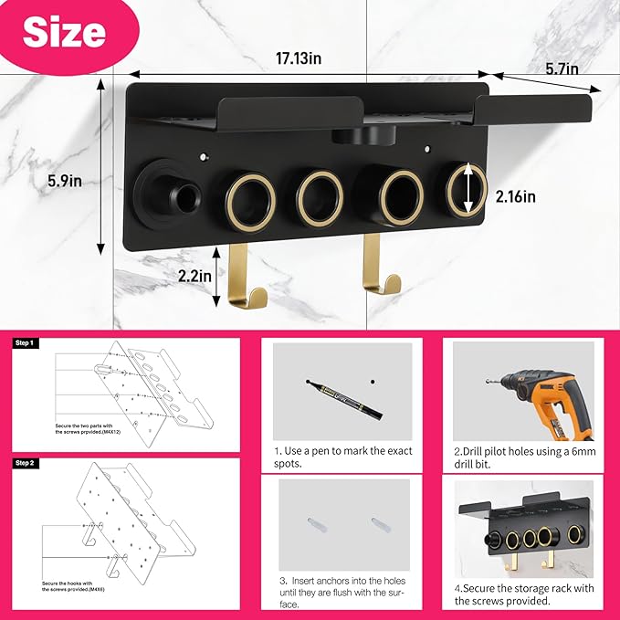Wall Mount Hair Holder Compatible With Dyson Airwrap and Hair Dryer, Upgraded 2-in-1 Magnetic Dryer Holder Fit for Accessories Nozzles Barrels Brushes
