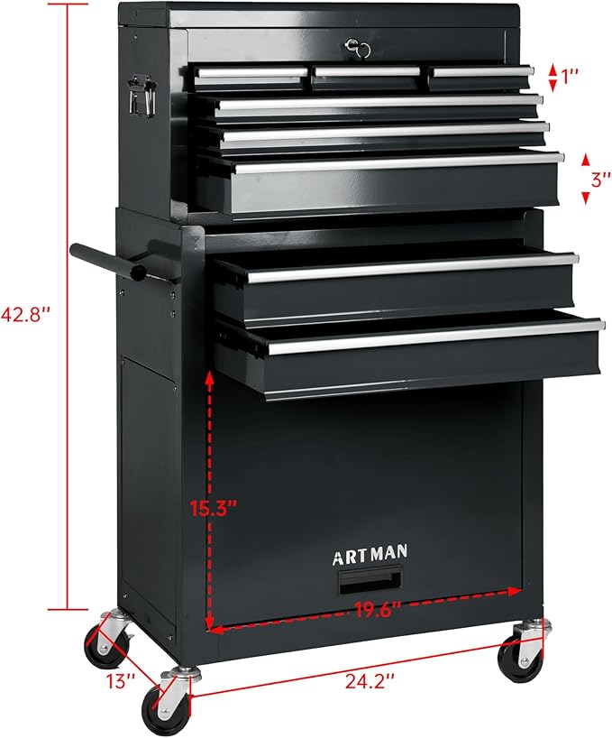 8-Drawer Rolling Tool Chest with Lockable Wheels, Sliding Drawers, Detachable Top & Adjustable Shelf – Heavy Duty Tool Storage Cabinet for Garage, Workshop & Home Organization, Black