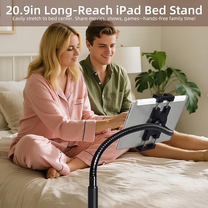 wishacc Adjustable Floor Tablet Stand with Rolling Base, Flexible Gooseneck Mount, Wood Platform, Mobile Device Holder for Indoor Use