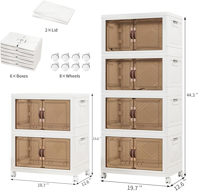 Storage Bins with 2 Lids and Wheels, Collapsible Bathroom Storage Cabinet with Clear Doors, Plastic Stackable Closet Organizers and Storage Containers White 270 QT