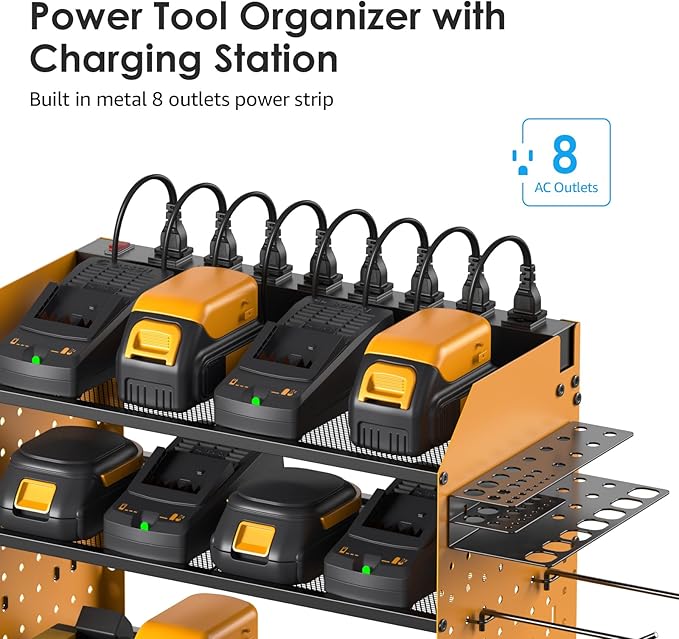 CCCEI Modular Pegboard Rack Power Tool Organizer with Charging Station. 4 Layer Wall Mount Drill Holder, Yellow Tool Battery Charger Organizer. Garage Shop Storage Utility Shelf with Power Strip.