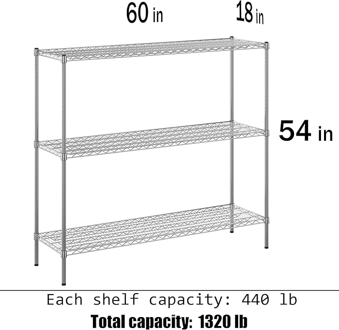 18" Deep x 60" Wide x 54" Height Wire Shelving Kit | 3-Tier | NSF Commercial Storage Rack Unit