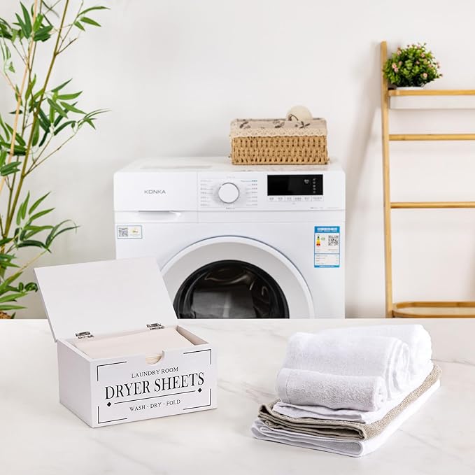 HouseJoy Dryer Sheet Holder-White Dryer Sheet Container with Lid,Rustic Farmhouse Wooden Dryer Sheet Dispenser for Fabric Softener Sheets,Laundry Room Decor Organization/Storage