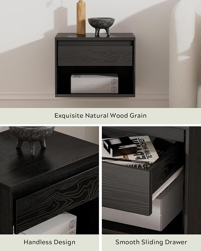 Floating Nightstand, Wall Mounted Bedside Table with Storage Drawer and Open Shelf, Modern Night Stand withHandless Design for Living Room, Bedroom, Dorm, Black