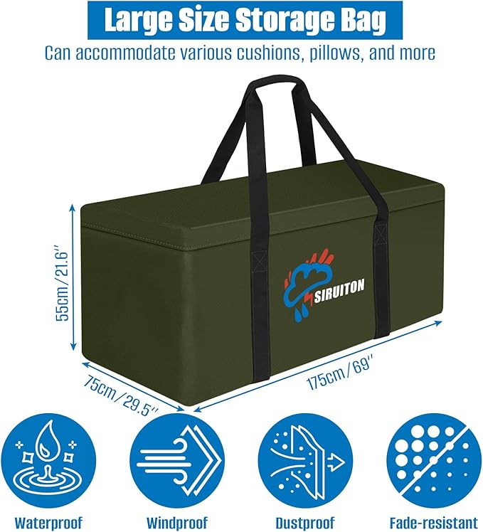 SIRUITON 69”L x 29.5”W x 21.6”H Outdoor Cushion Storage Bag,Patio Furniture Cushion Storage Bag,Heavy Duty 600D Oxford Garden Cushion Storage Covers, Waterproof 9FT Christmas Tree Storage Bags.