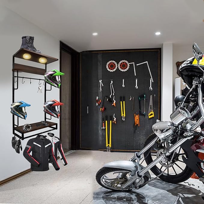 Motorcycle Helmet Holder Wall Mounted Motorcycle Gear Helmet Hook Rack Storage Helmet Hanger Display Stand Football Helmet Wall Mount with 2 Layer Wooden Boards and 4 Hat 14 Accesorios(Upgraded)