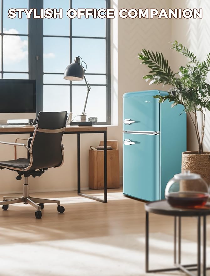3.2 Cu.Ft Refrigerator, Retro Double Door Fridge with Freezer, 7 Adjustable Temperature Settings, Removable Glass Shelves for Dorm, Office, Bedroom, Apartment, Blue