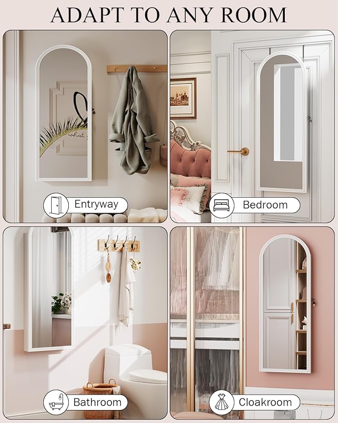 Jewelry Cabinet Organizer with Mirror, 47 inch Lockable Full-Length Mirror Jewelry Armoire Hanging Door/Wall Mounted with 6 LEDS, Arched Framed Mirror Cabinet with Storage, Gift for Women, White