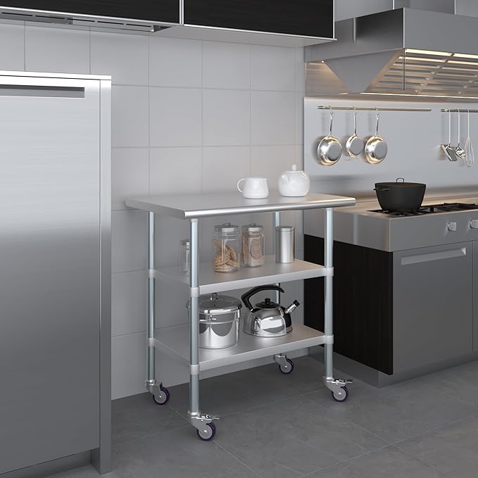 AmGood Stainless Steel Work Table with 2 Shelves and Casters | Metal Utility Table On Wheels (Stainless Steel Work Table with 2 Shelves + Casters, 36" Long x 24" Deep)
