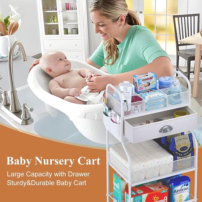Baby Diaper Caddy Cart Organizer -3 Tier, Bedside Nursery Essentials Cart & Storage Holder for Newborn Baby Stuff, 2+1 Dividers, 1 Drawer,Rolling Utility Cart for Bedroom,Changing Table, Crib.