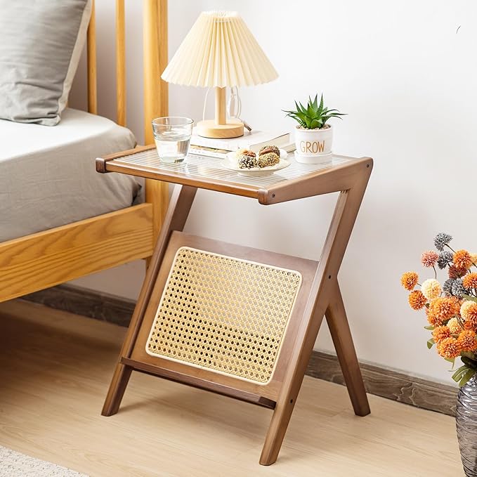 GOFLAME Rattan Side Table Set of 2, Z-Shaped End Table with Tempered Glass Top, Magazine Rack, Boho Night Stand, Small Coffee Table, Bamboo Accent Bedside Table for Living Room, Bedroom, Walnut
