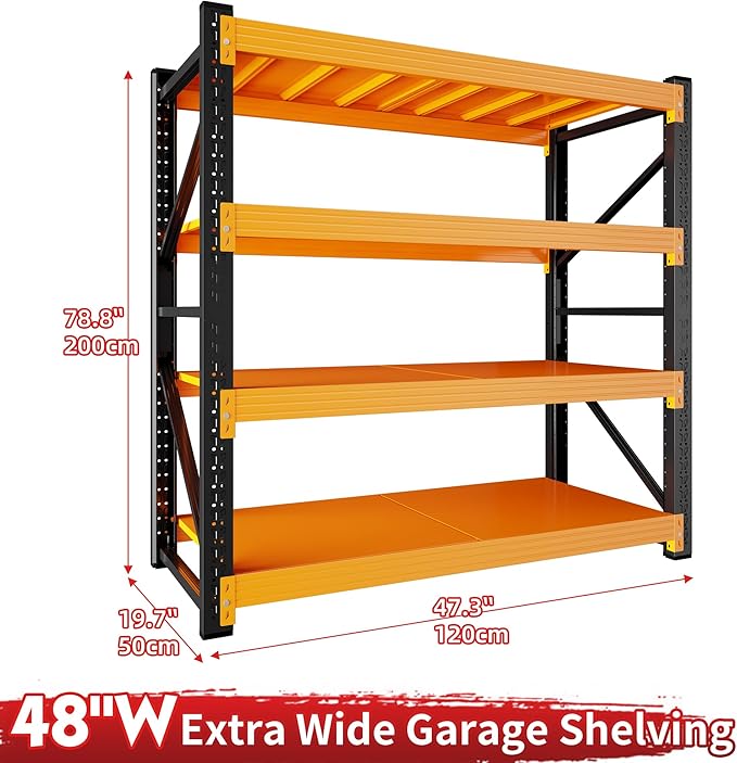 4000LBS Garage Shelving 48" W Garage Shelving Heavy Duty 4-Tier Metal Storage Shelves Adjustable Shelf Unit Storage Rack for Basement Supermarket Warehouse 48" W x 20" D x 78" H Black-Orange