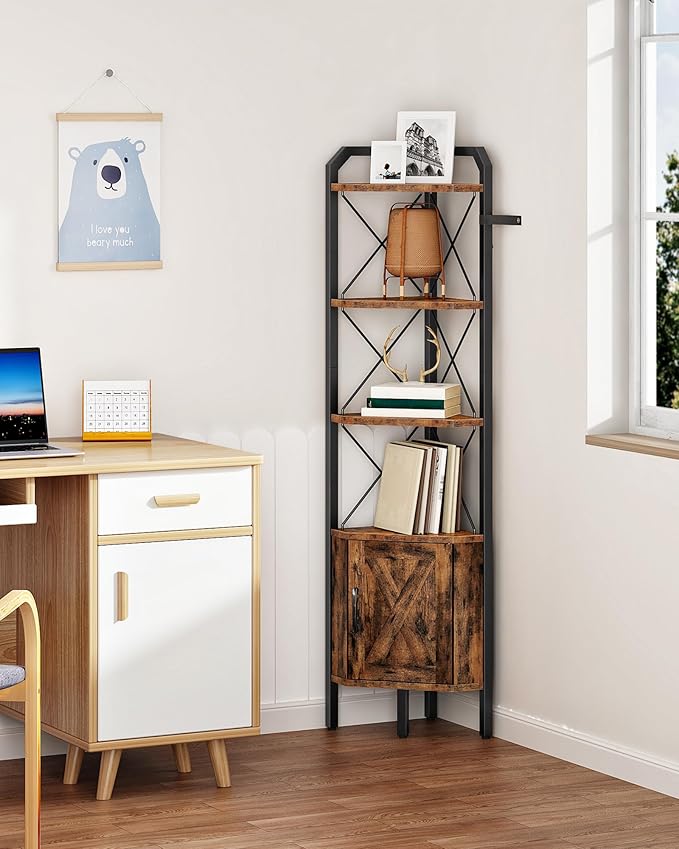 62.2" Corner Shelf with Cabinet, 4-Tier Tall Corner Bookshelf with X-Shaped and Diamond Design, for Living Room, Bedroom, Bathroom Storage, Rustic Brown and Black