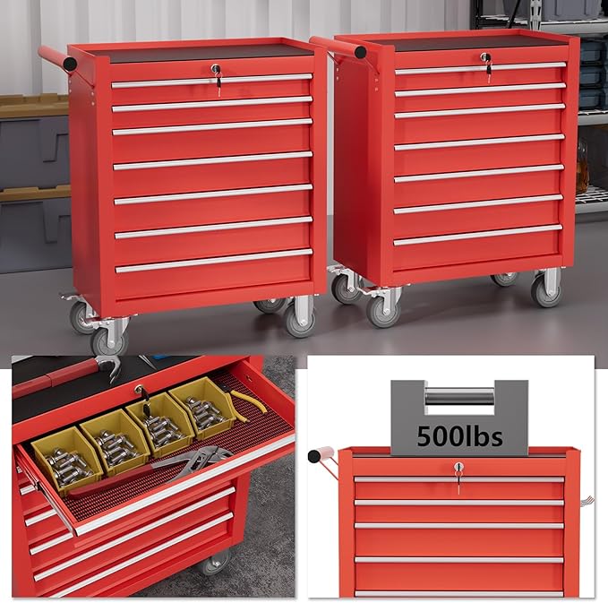 7-Drawer Tool Chest,Rolling Tool Cart with Wheels,High Capacity Tool Cabinet with Locking System for Garage, Warehouse, Workshop-Red