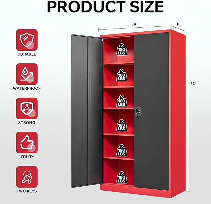 Letaya Metal Storage Cabinets with Lock, 72" Tall Locker Organizer Steel Cabinets, Adjustable Layers Shelves 2 Doors for Home, Office, Warehouse,Garage(Black Red)