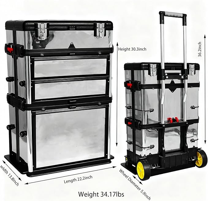 Zateety Rolling Tool Box - 3 Parts Sliding Shelf Removable Tool Chest - Stainless Stackable Tool Storage Cabinet with Wheels & Locks for Tools Organizer or Arts Crafts Supplies, Sliver