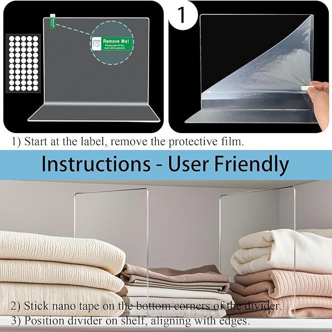 Shelf Dividers for Closet Organization: 12" Tall x 12" Deep Acrylic Shelf Dividers for Clothes Sweater Purse - Clear Closet Organizers and Storage Separators for Shelves, 8Pack