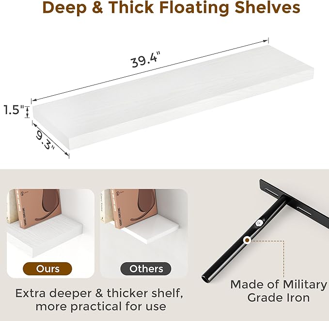 Fun Memories 40 Inch Floating Shelves White, 40" W x 9.3" D Floating Shelf Set of 2, Farmhouse Wood Wall Shelves for Bedroom, Kitchen, Wall Mounted Deep Shelving for Home Decor