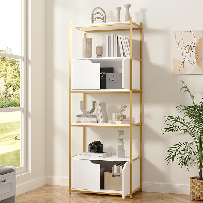 Industrial Bookshelf, Bookcase with 2 Cabinets, 6-Tier Display Book Shelf with Doors for Living Room, Home Office, Bedroom, Washroom, White and Gold