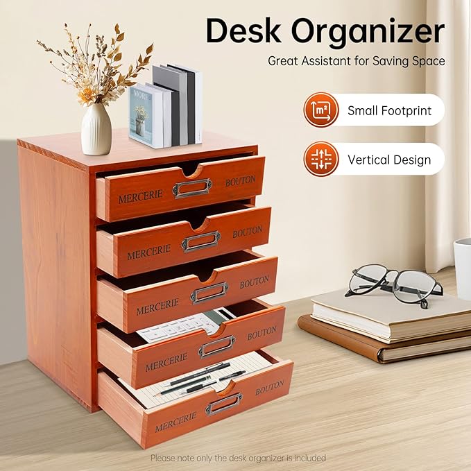 Vintage 5-Drawer Wooden Desk Organizer, Apothecary Cabinet & Library Card Catalog Storage Box, Rustic Freestanding Desktop Organizer for Stationery Crafts Jewelry Office Home Supplies (Brown)