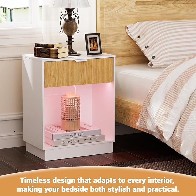 Fluted Nightstands Set of 2 with Charging Station & Built-in LED Lights, Bedside Tables with Wave Pattern Drawer & Open Shelf, Safe for Kids, Bedroom Storage