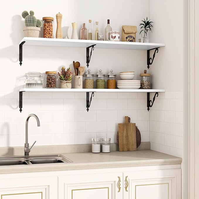Fun Memories Large Floating Shelves for Wall 48 Inches Long, 12 Inch Deep Shelves with Metal Bracket, 48 Inch Floating Shelves Wall-Mounted, Wide Display & Storage Bookshelves, White, Set of 2