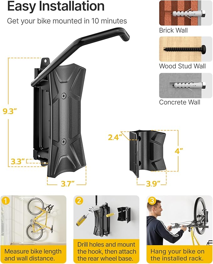 monTEK Bike Wall Mount for 4.5" Tire Width, Swivel Bike Wall Hanger Holds Up to 77lbs, Space-Saving Bike Rack Garage, Heavy Duty Bike Storage for Bedroom Home Office, 1 Pack