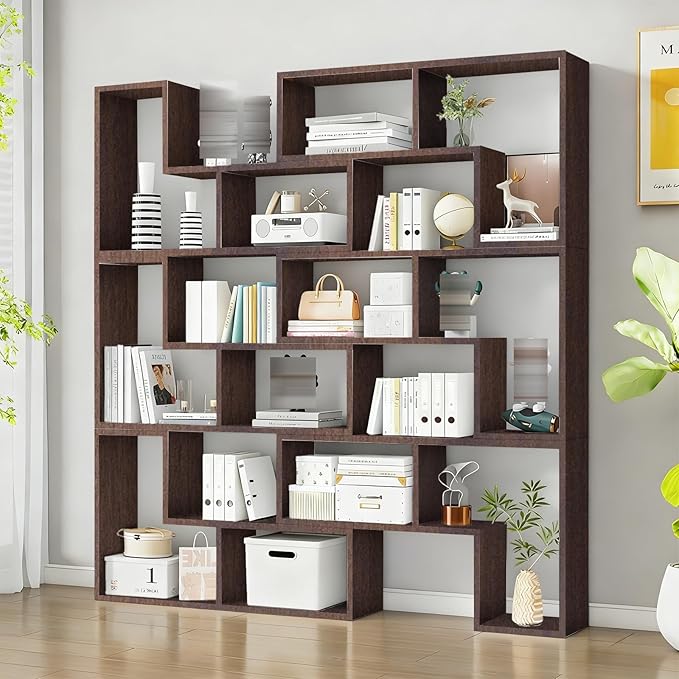 Expandable Bookcase with Adjustable Width,Wooden Room Divider Bookshelf,Standing Display Storage Organizer for Living Room,Study Room or Home Office