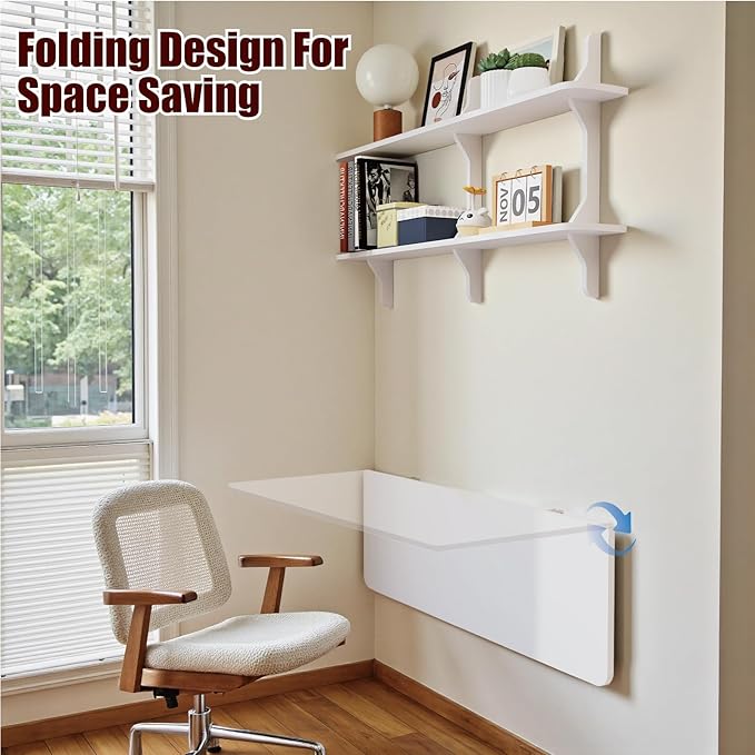 Pmnianhua Wall Mounted Folding Table, 47'' Floating Laptop Desk with Shelves, Foldable Drop Leaf Table, Wall Mount Fold Down Table for Laundry Room Kitchen Bar Home Office Small Space(White)