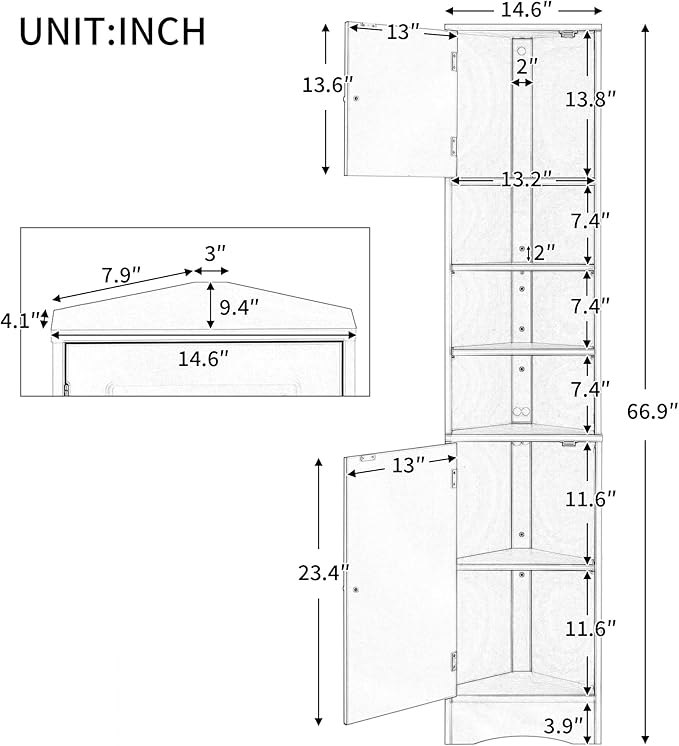 66.9" Tall Corner Bathroom Cabinet with Doors, Freestanding Triangle Storage Cabinet with Adjustable Shelves & Open Shelf, Water-Resistant MDF, Space-Saving Organizer with Anti-Tip Device, Grey