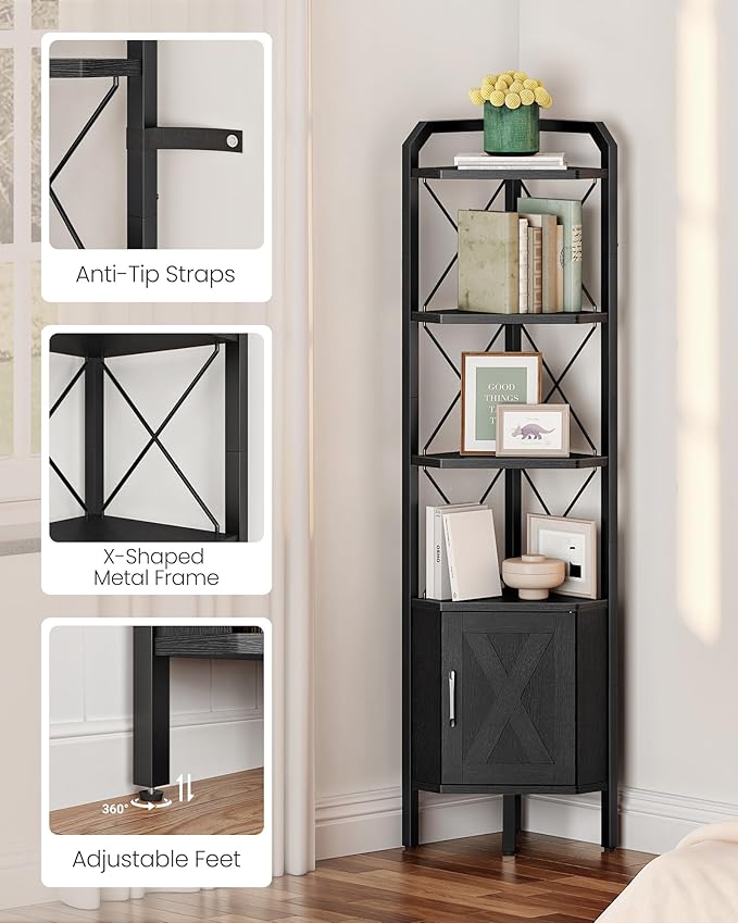 62.2" Corner Shelf with Cabinet, 4-Tier Tall Corner Bookshelf with X-Shaped and Diamond Design, for Living Room, Bedroom, Bathroom Storage, Black