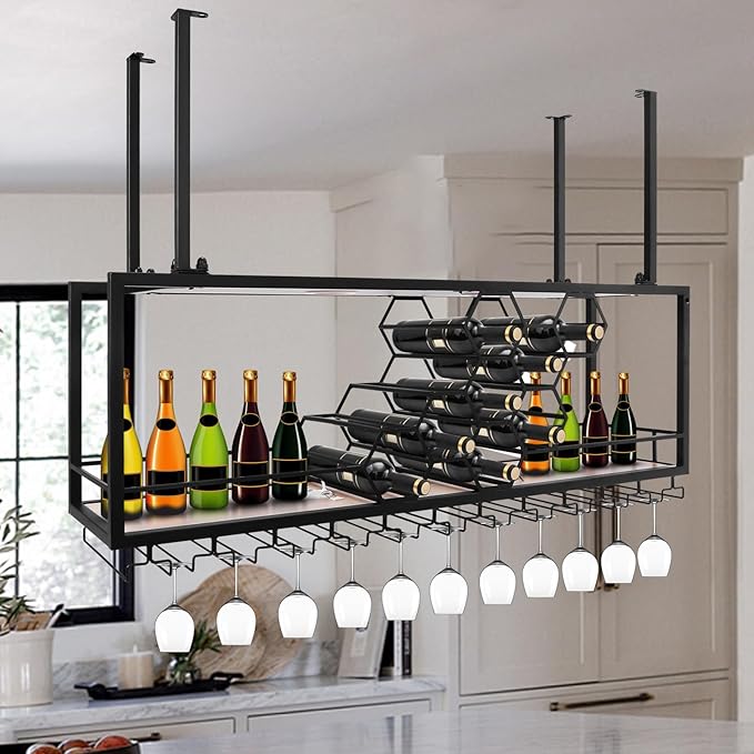 Metal Hanging Wine Rack, Metal Bar Liquor Bottle Display Shelf Wall Wine Storage Rack (120x30x40cm Black)