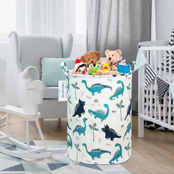 LANGYASHAN Laundry Basket Canvas Fabric Collapsible Organizer Basket for Storage Bin Toy Bins Gift Baskets Bedroom Clothes Children Nursery Hamper (Full dinosaur)
