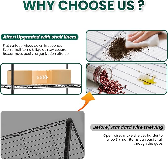 48" W Storage Shelves 5-Tier Wire Shelving, 1875LBS Adjustable Metal Shelving with 5 Shelf Liners, Heavy Duty Steel Wire Rack for Garage Commercial Pantry Kitchen, 48" W x 18" D x 72" H, Black
