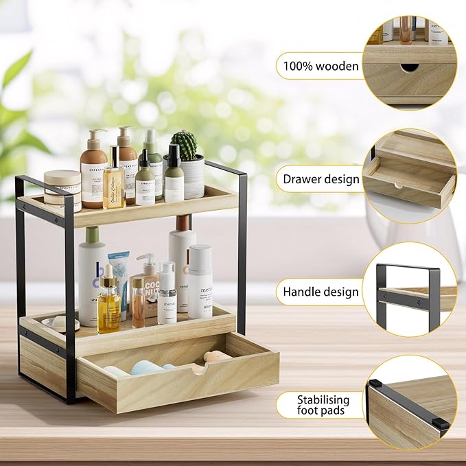 2-Tier Bathroom Organizer Countertop with Drawer, Wood Bathroom Counter Shelf for Storage, Vanity Organizer Countertop for Kitchen, Office