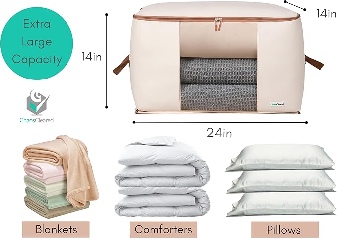 Canvas Comforter Storage Bags 2 Pack Folding Organizer bag for King/Queen Comforters, Pillows, Blankets, Bedding/Quilt, Blanket, Duvet, Mothproof Space Saver; Large Collapsible Organizers, 24"x14"x14"