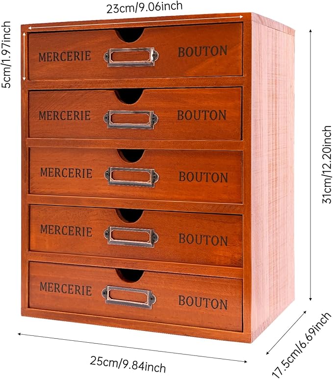 Vintage 5-Drawer Wooden Desk Organizer, Apothecary Cabinet & Library Card Catalog Storage Box, Rustic Freestanding Desktop Organizer for Stationery Crafts Jewelry Office Home Supplies (Brown)