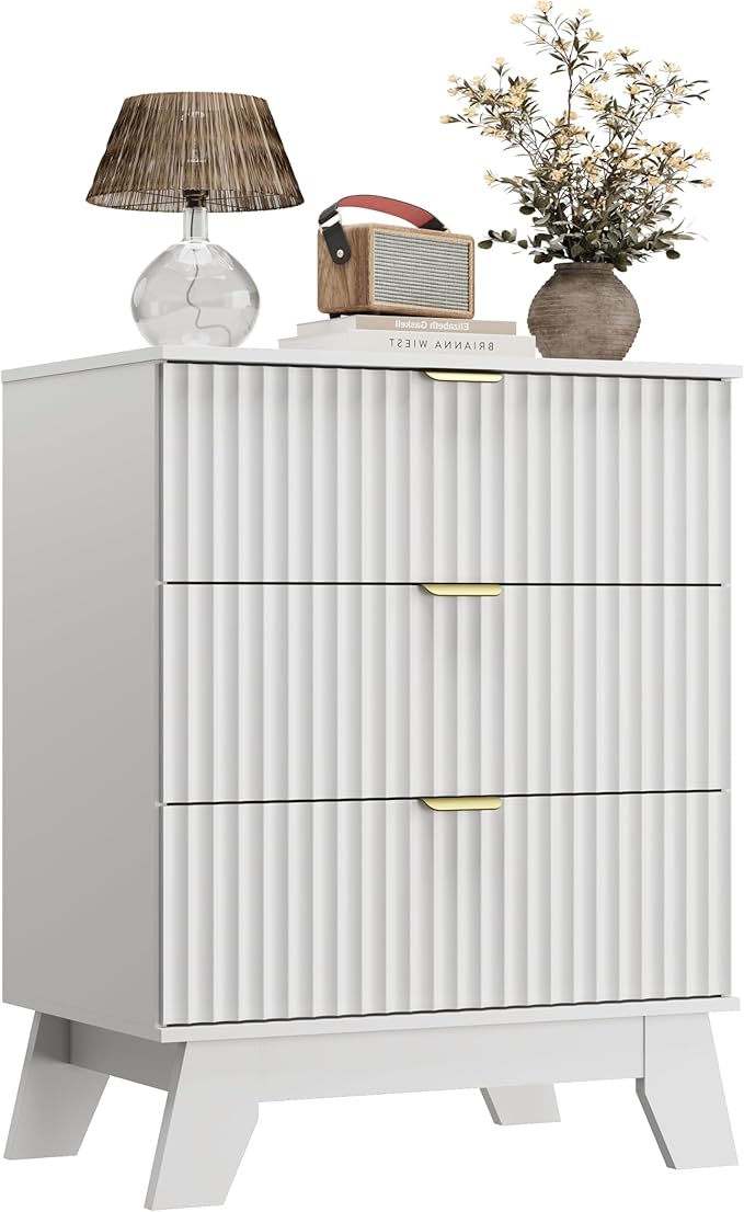 Night Stand Set 2, Bedside Table & End Table, Mid Century Modern Fluted Wood Nightstand with 3 Drawers & Metal Handles, Farmhouse Nightstand for Bedroom, White