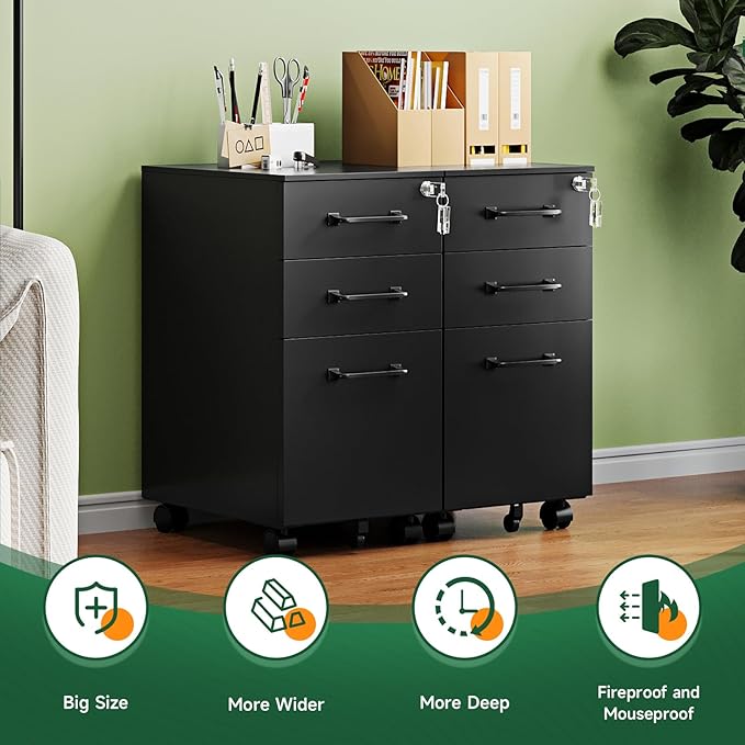 Letaya 3 Drawer Mobile File Cabinet with Lock,Under Desk Metal Filing Cabinets for Home Office Organizer,Small Rolling Printer Stand with Wheels,for Letters/Legal/A4(Assembly Required) (Black)